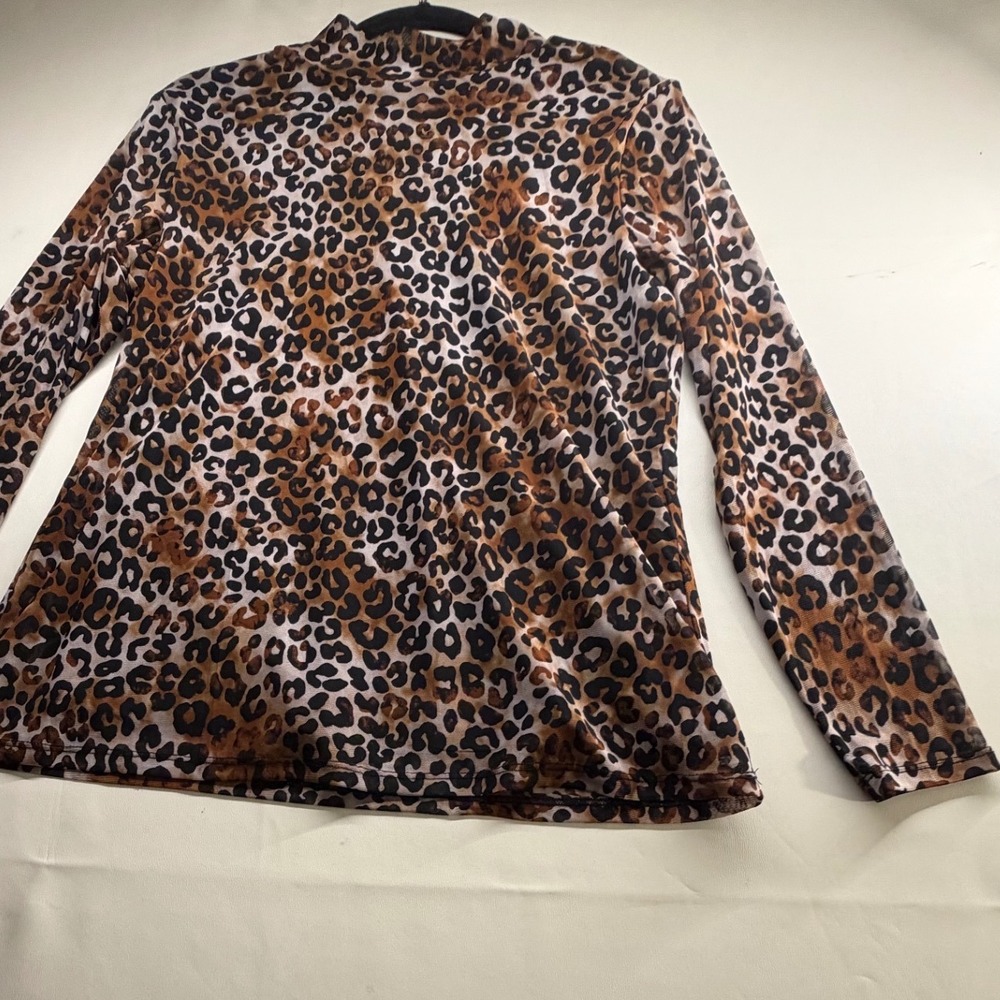 Leopard Print Mesh Mock Neck Long Sleeve Top Brown Black Animal Print Lined